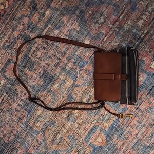 Fossil Purse- Brown leather w/ navy blue & small white striped canvas